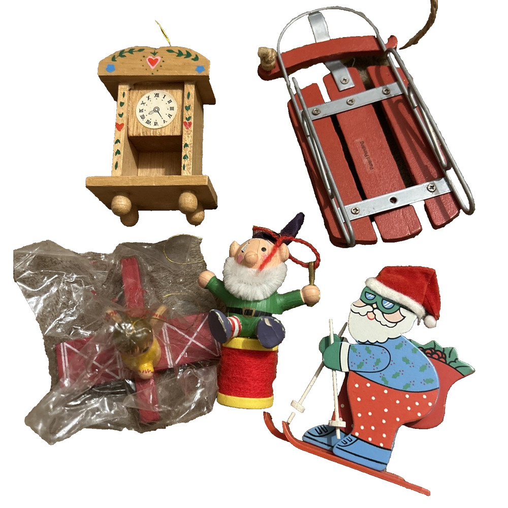 Lot 5 VTG Painted Wood Christmas Tree Ornaments Santa Ski Elf Sled Clock Plane